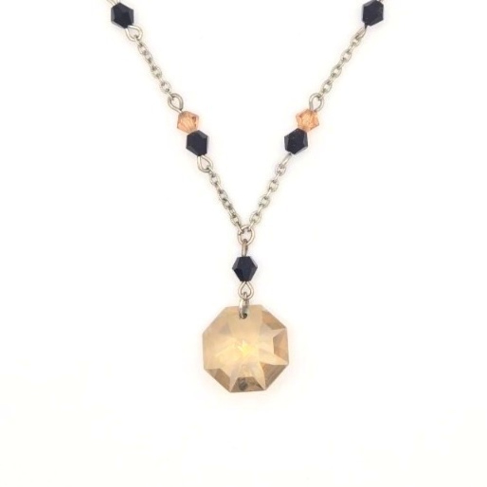 Faux Smoky‎ Gemstone On Silvertone Beaded 18" Chain Necklace